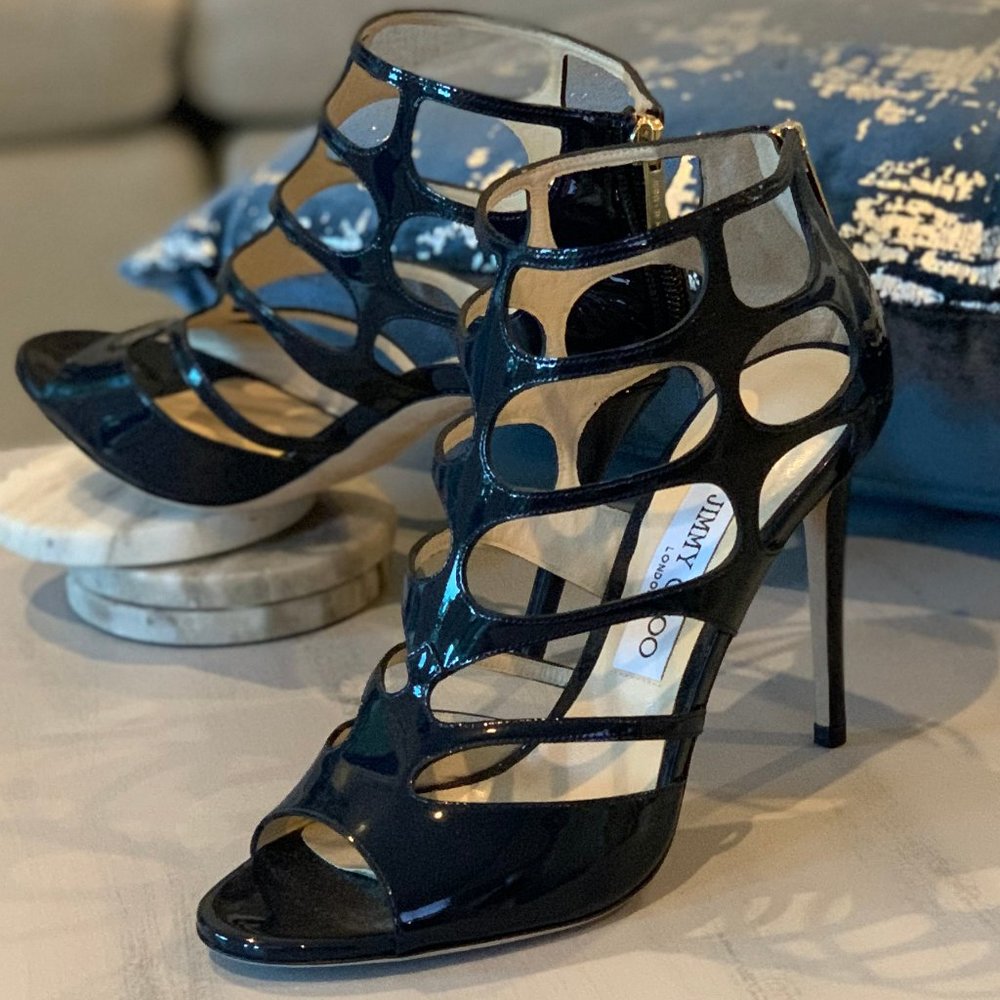 NEW Jimmy Choo Patent Leather Open Toe Bootie